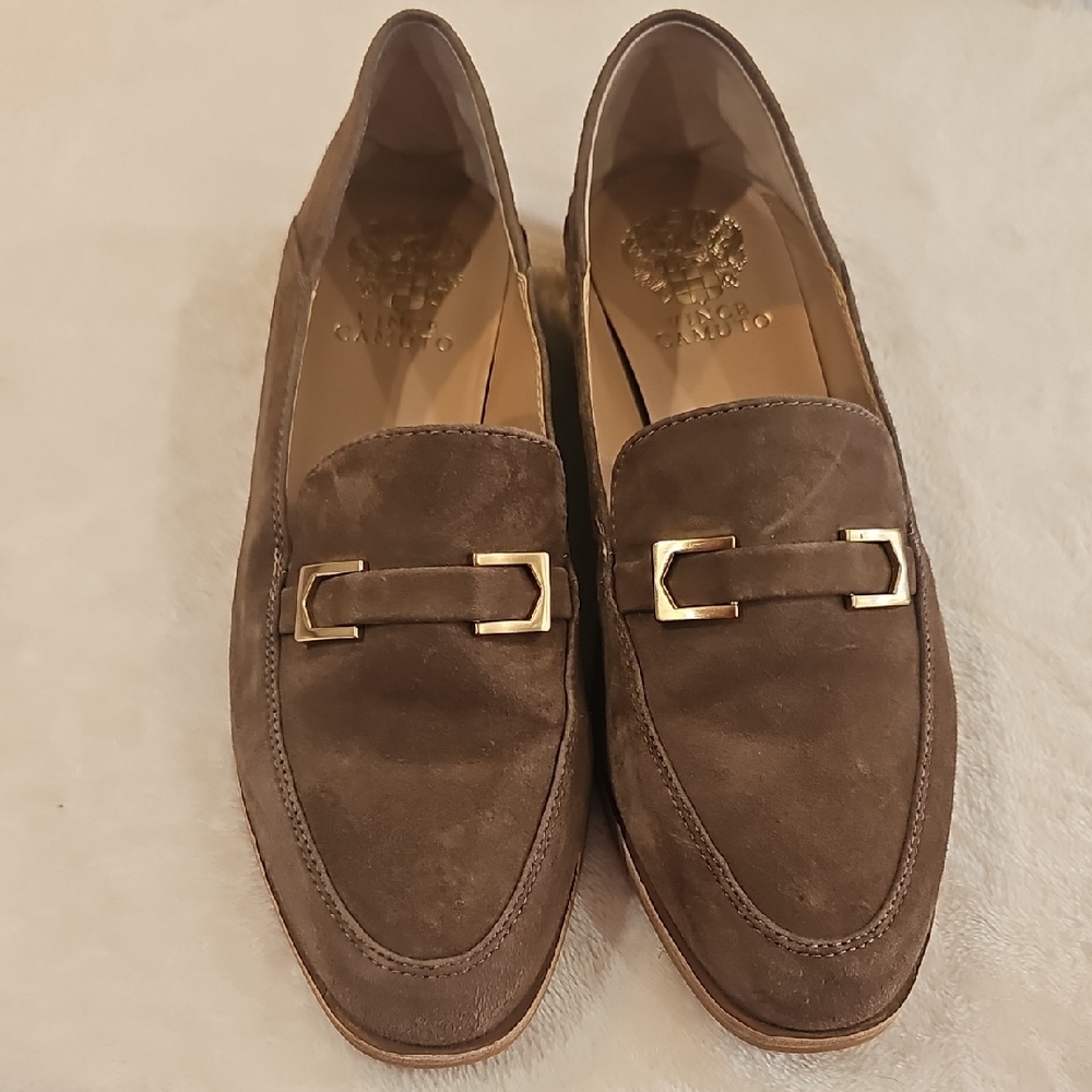 Vince Camuto Taupe Suede Loafers with Gold Accent